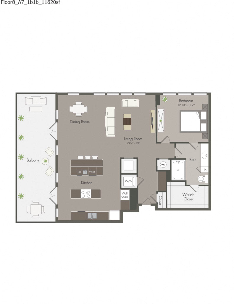 Floor plan for 1 bed, 1 bath, 1162 sqft